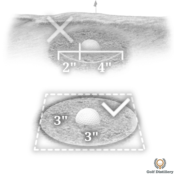 For plugged bunker shots aim to strike the sand 3 inches behind the ball and create a big 6 inch wide divot