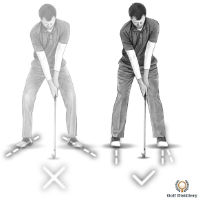 Golf Stance: Don't flare your feet out. A slight left foot flare is acceptable