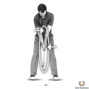 Grip the club down on the metal with the grip of the club against your belly in this takeaway drill